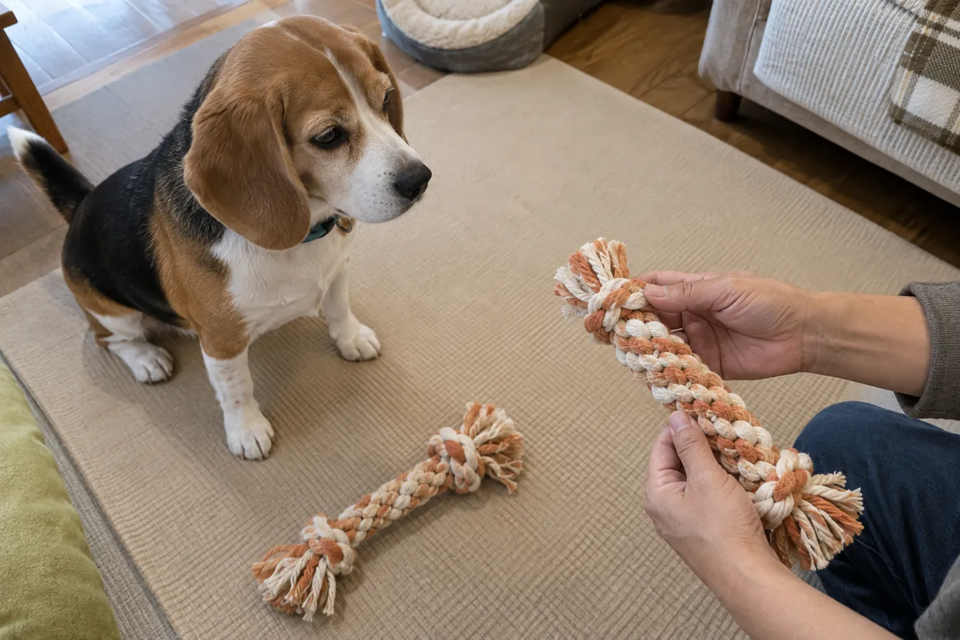 滑りにくいマットの上で犬用ロープを確認する飼い主の手元と犬