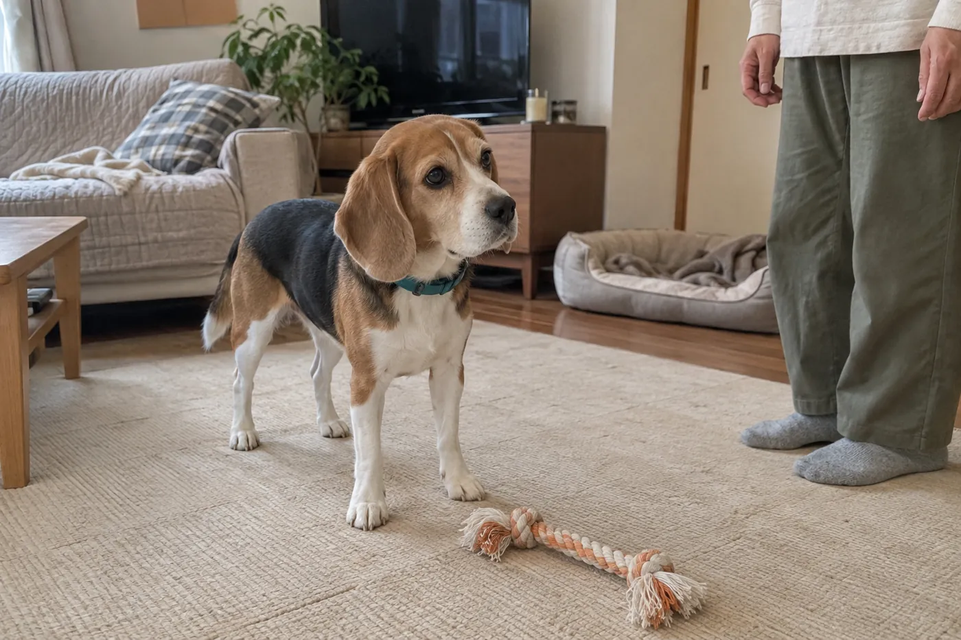 ロープを床に置き、距離を取って休憩する犬と飼い主の足元