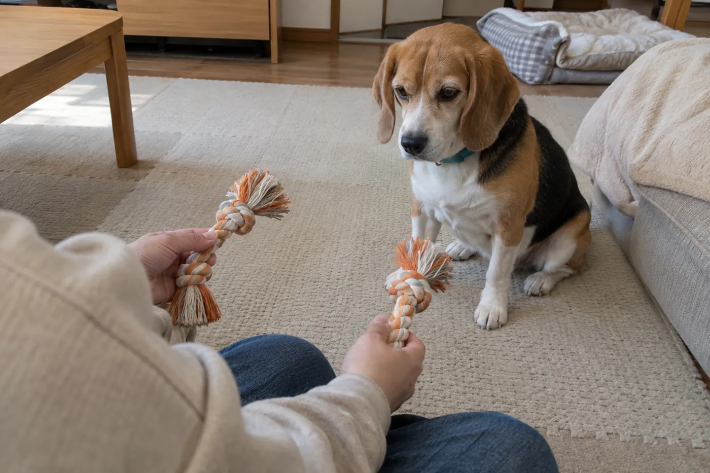 マットの上で落ち着いて待つ犬と、予備のおもちゃを準備する飼い主の手元