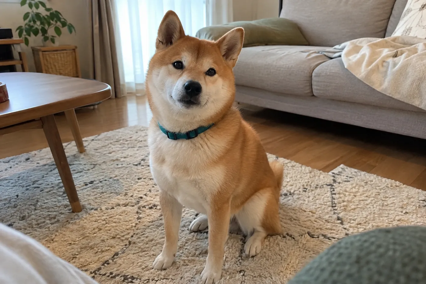自宅のラグで落ち着いて座る赤毛の柴犬