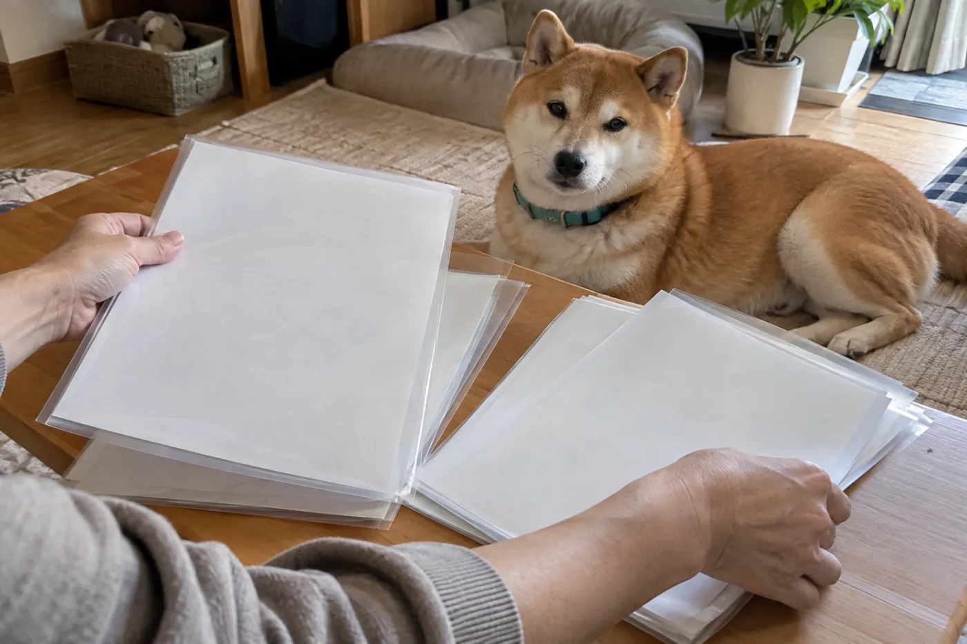 柴犬のそばで飼い主が無地の書類ケースを整理する手元