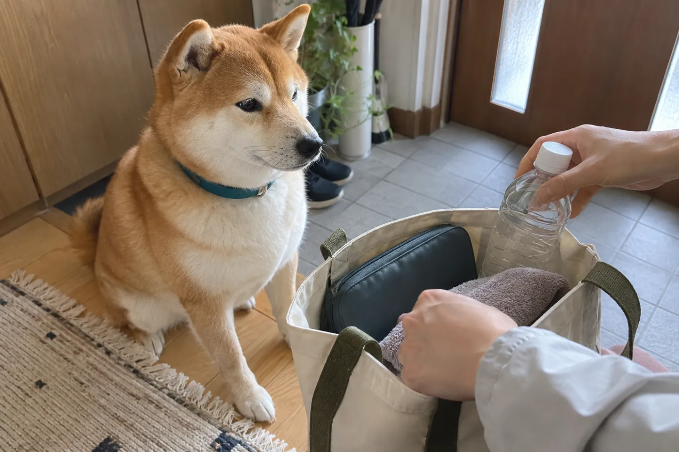 外出用バッグを用意する飼い主の手元と、そばで待つ柴犬