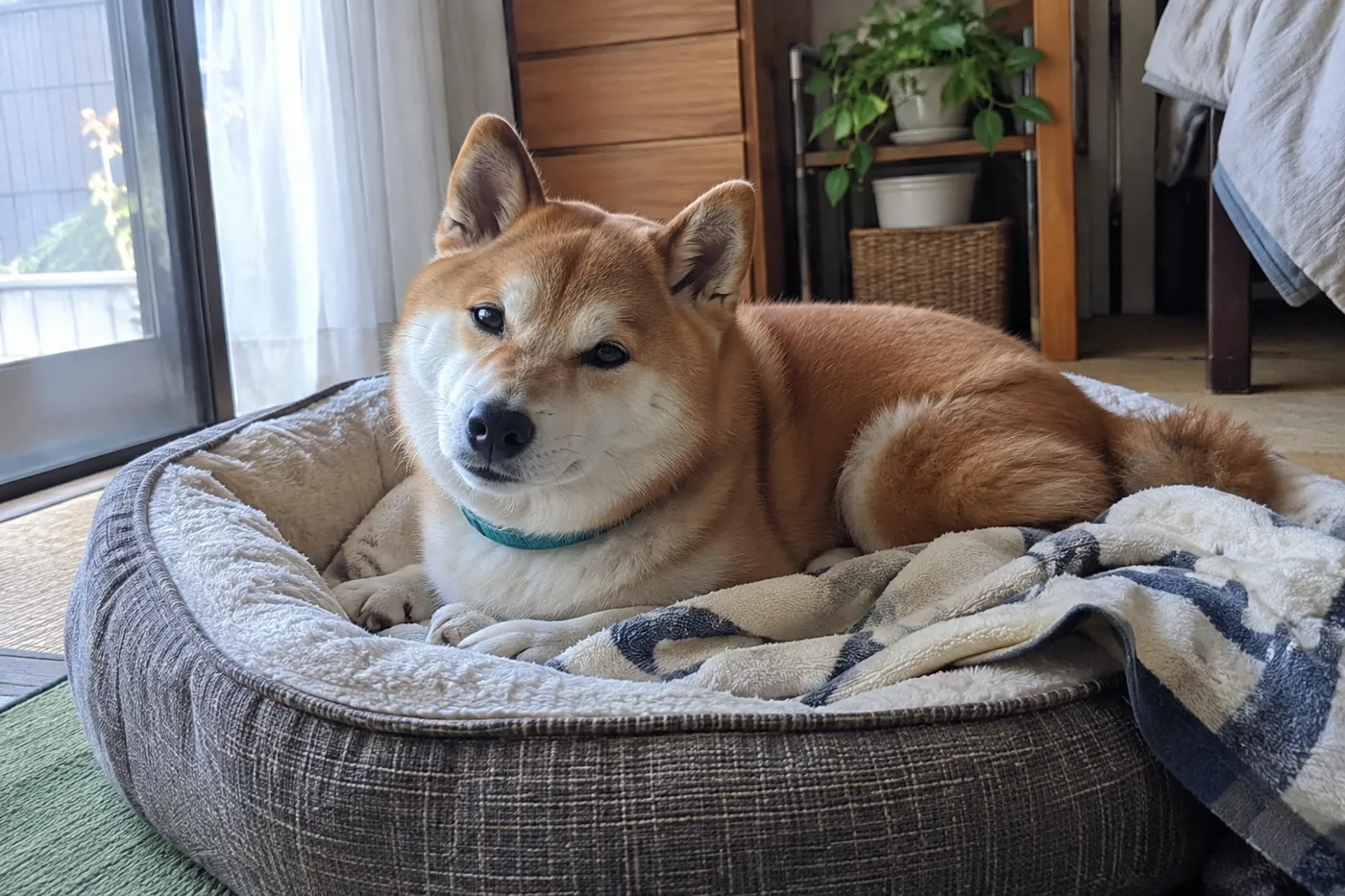自然光の入る部屋のベッドで休む柴犬