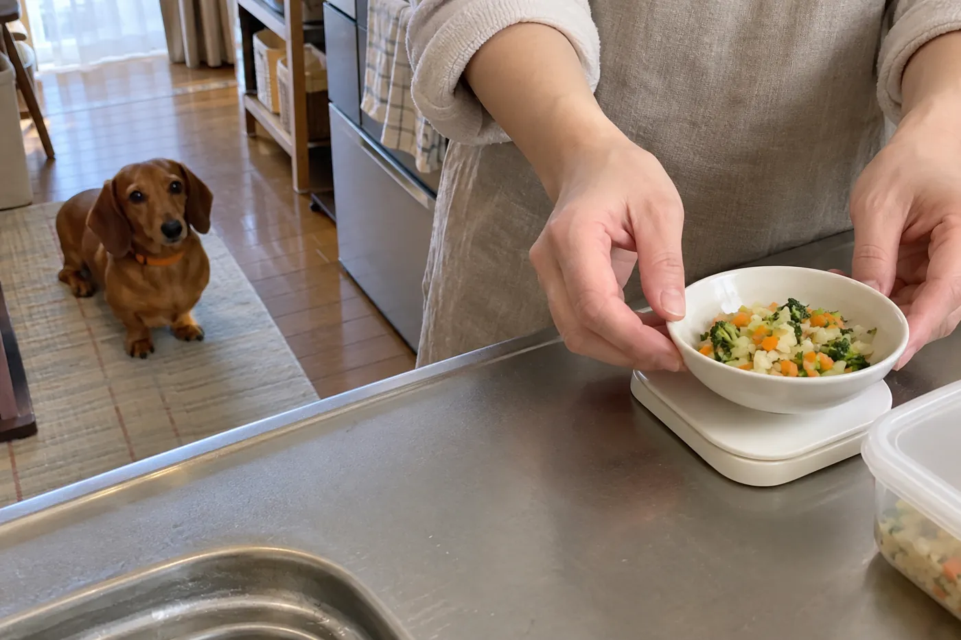 調理済みの野菜を小皿とキッチンスケールで量り、犬が足元から離れて待つ様子