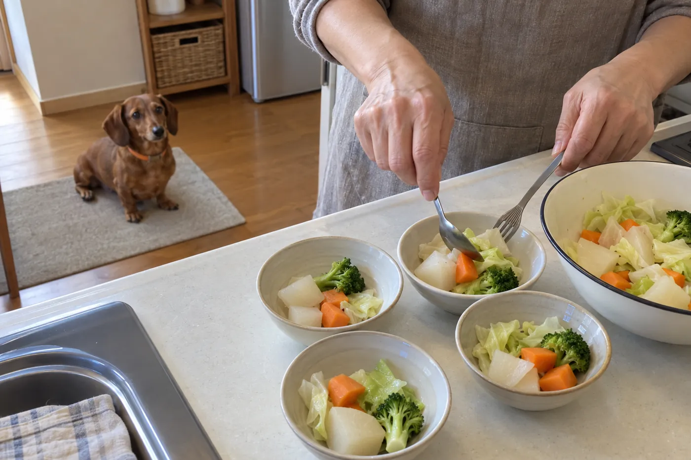 大根、にんじん、キャベツなどを味付け前に取り分ける手元と、奥で待つ犬