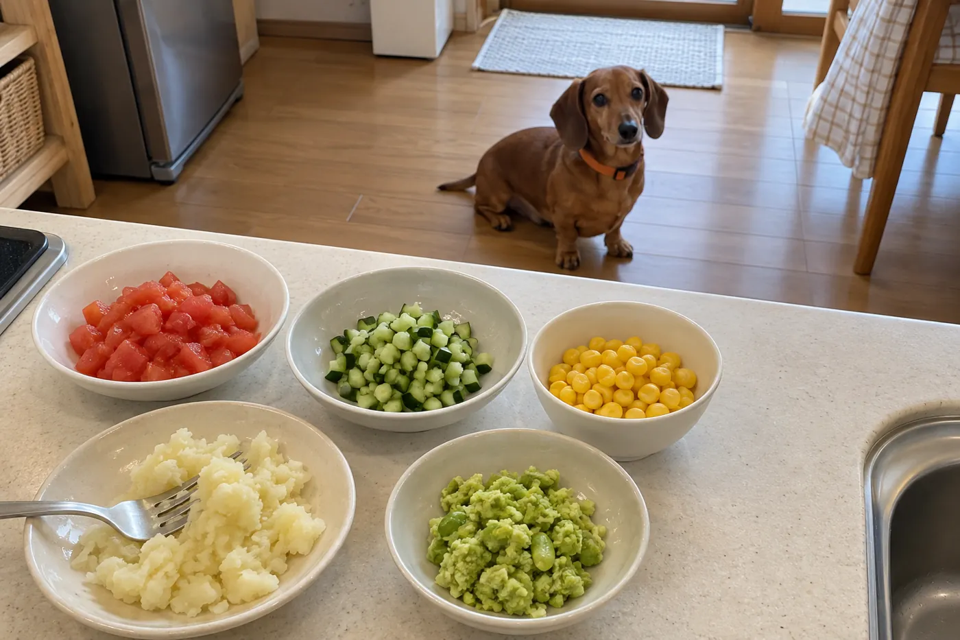 熟したトマト、刻んだきゅうり、加熱済みの粒野菜を調理台に置き、犬が離れて待つ様子