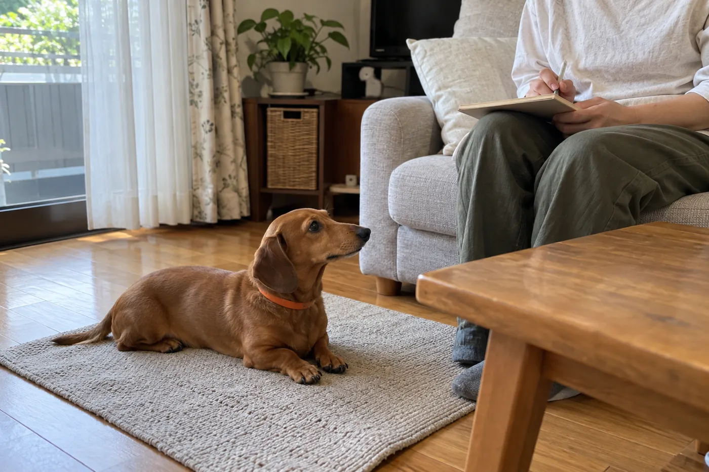 犬の様子を見ながら、飼い主が食事の記録を手元のノートに残す場面