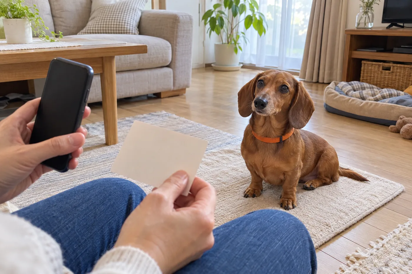 愛犬のそばで飼い主が電話を持ち、食べた物と時間のメモを用意する様子