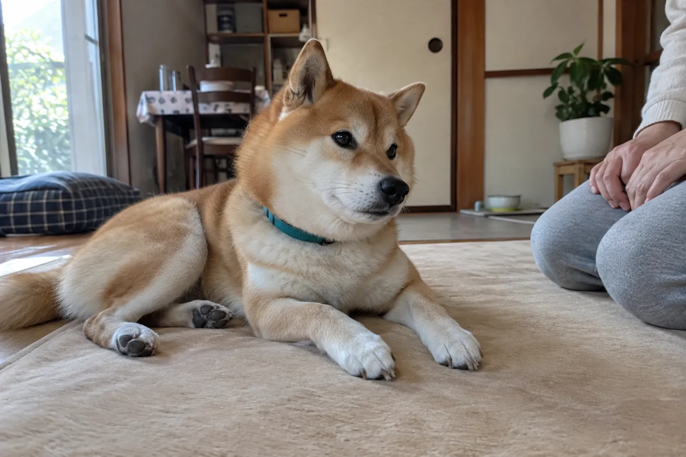 自宅のマットで休む赤毛の柴犬を少し離れて見守る飼い主の手元