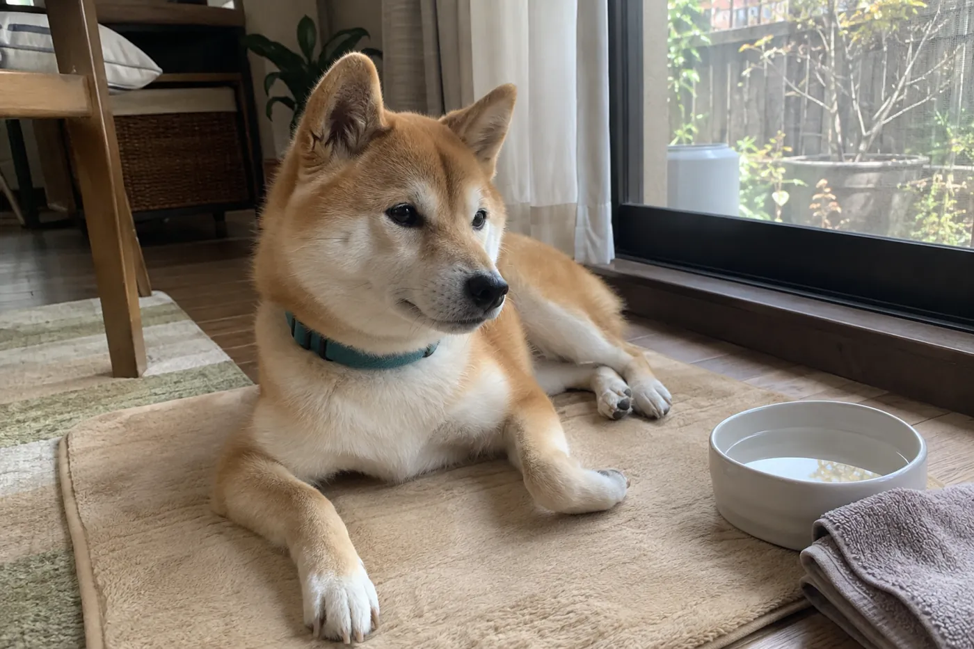 自宅の静かな場所で休む赤毛の柴犬と、そばに置かれた清潔な水の器