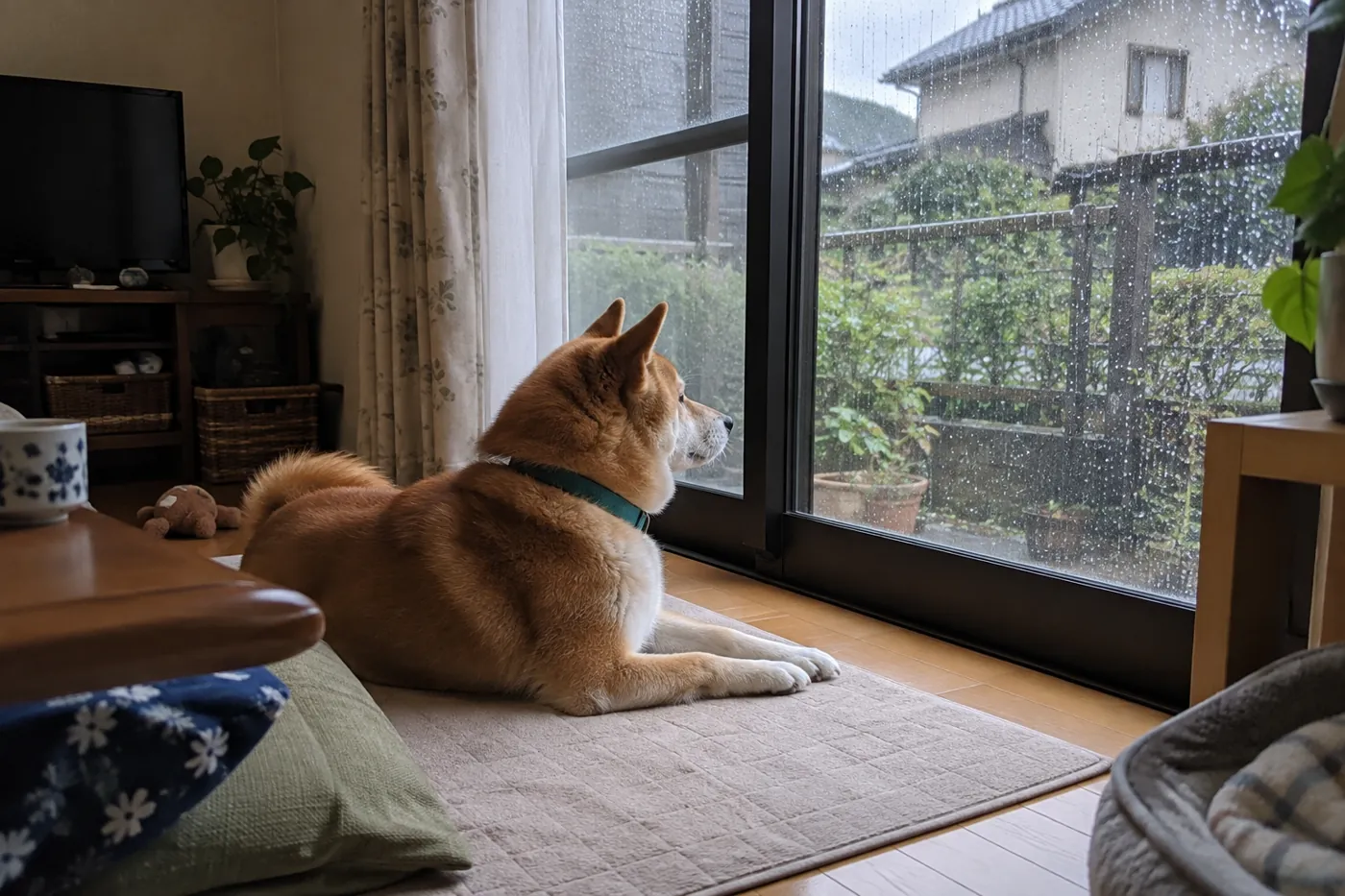 雨の降る窓のそばで落ち着いて過ごす赤毛の柴犬