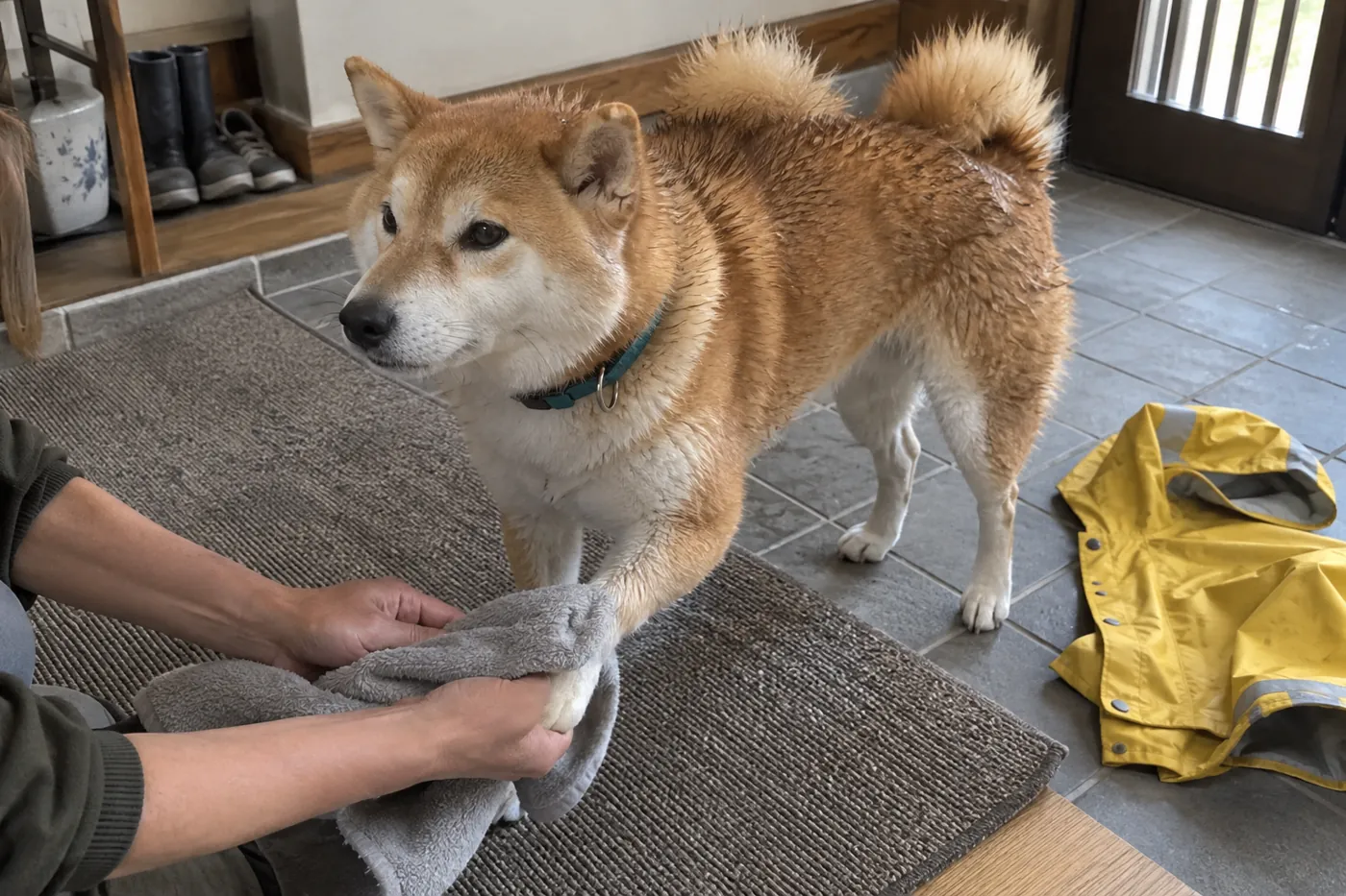 帰宅した柴犬の足先を飼い主の手がタオルで拭いている様子
