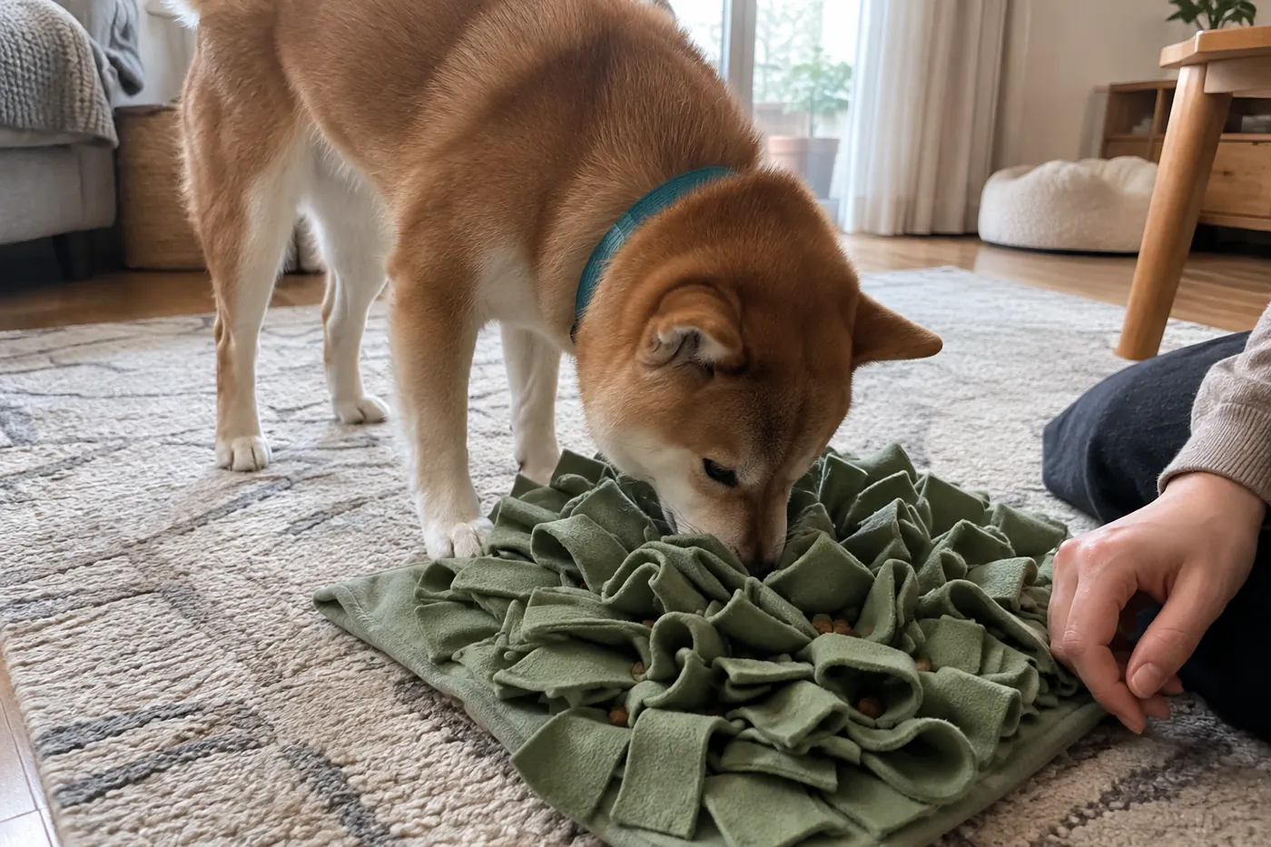 滑りにくいマットの上でフードを探す遊びをする柴犬