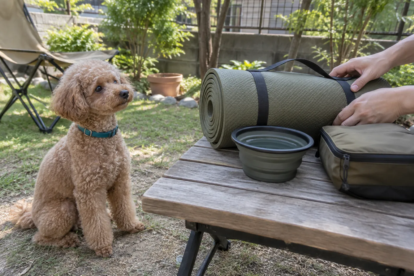庭のテーブルでキャンプ道具を広げ、犬と出発準備をする飼い主の手元