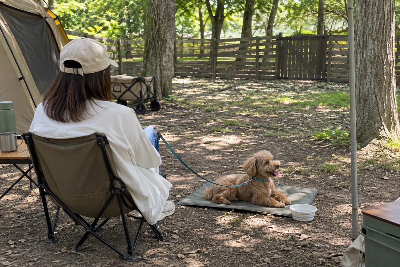 柵内の日陰で水入れのそばに休む犬と、見守る飼い主の後ろ姿