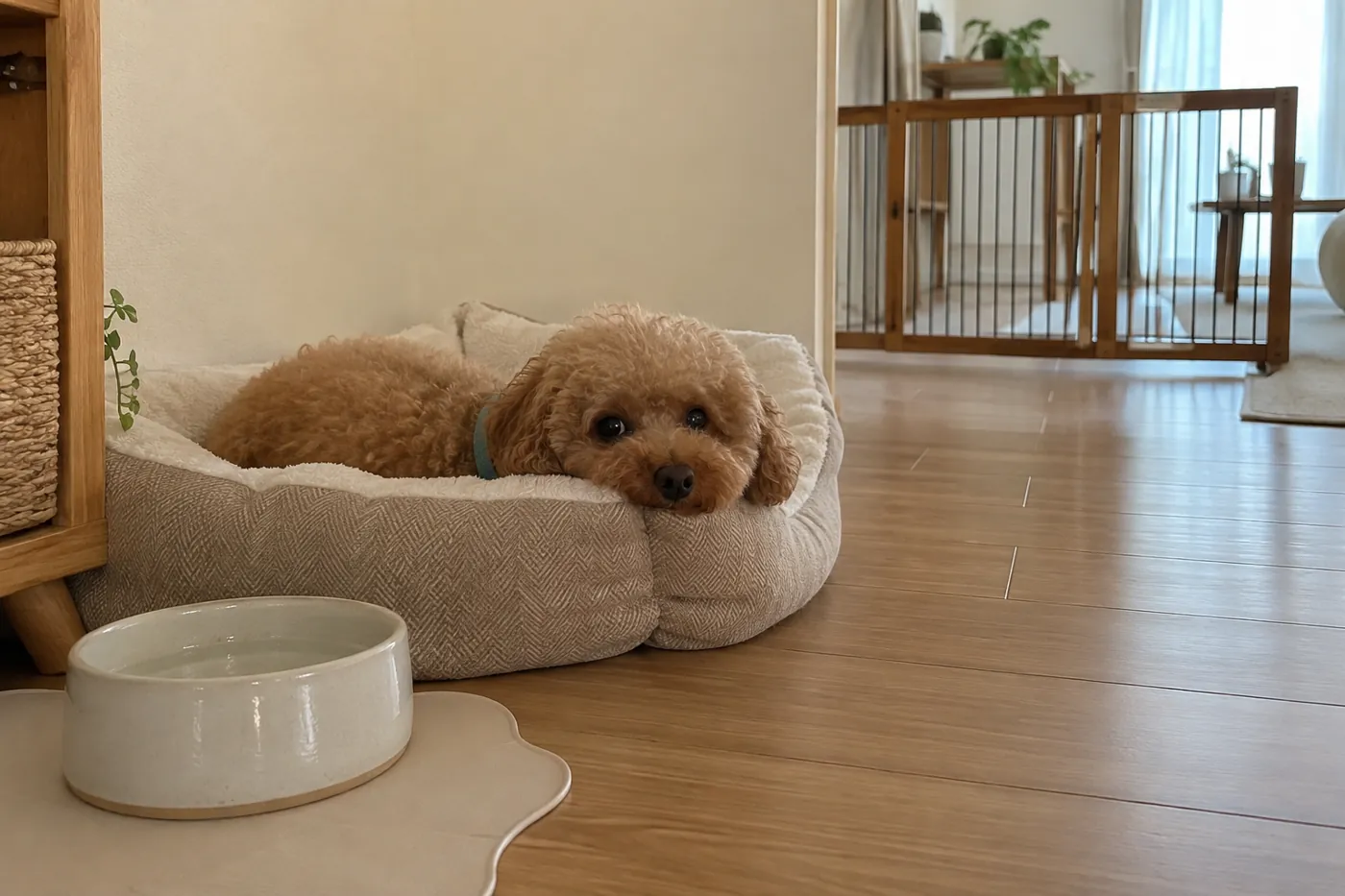 犬用ベッドと水入れを置いた室内で休むアプリコット色のトイプードル