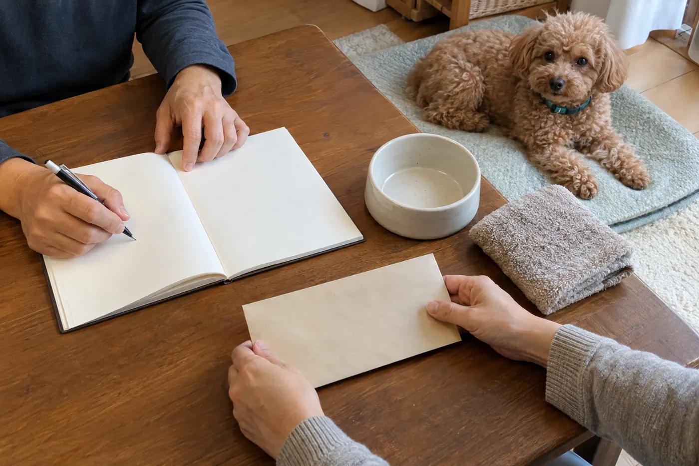 犬用品のそばで家計の相談をする手元と足元のトイプードル