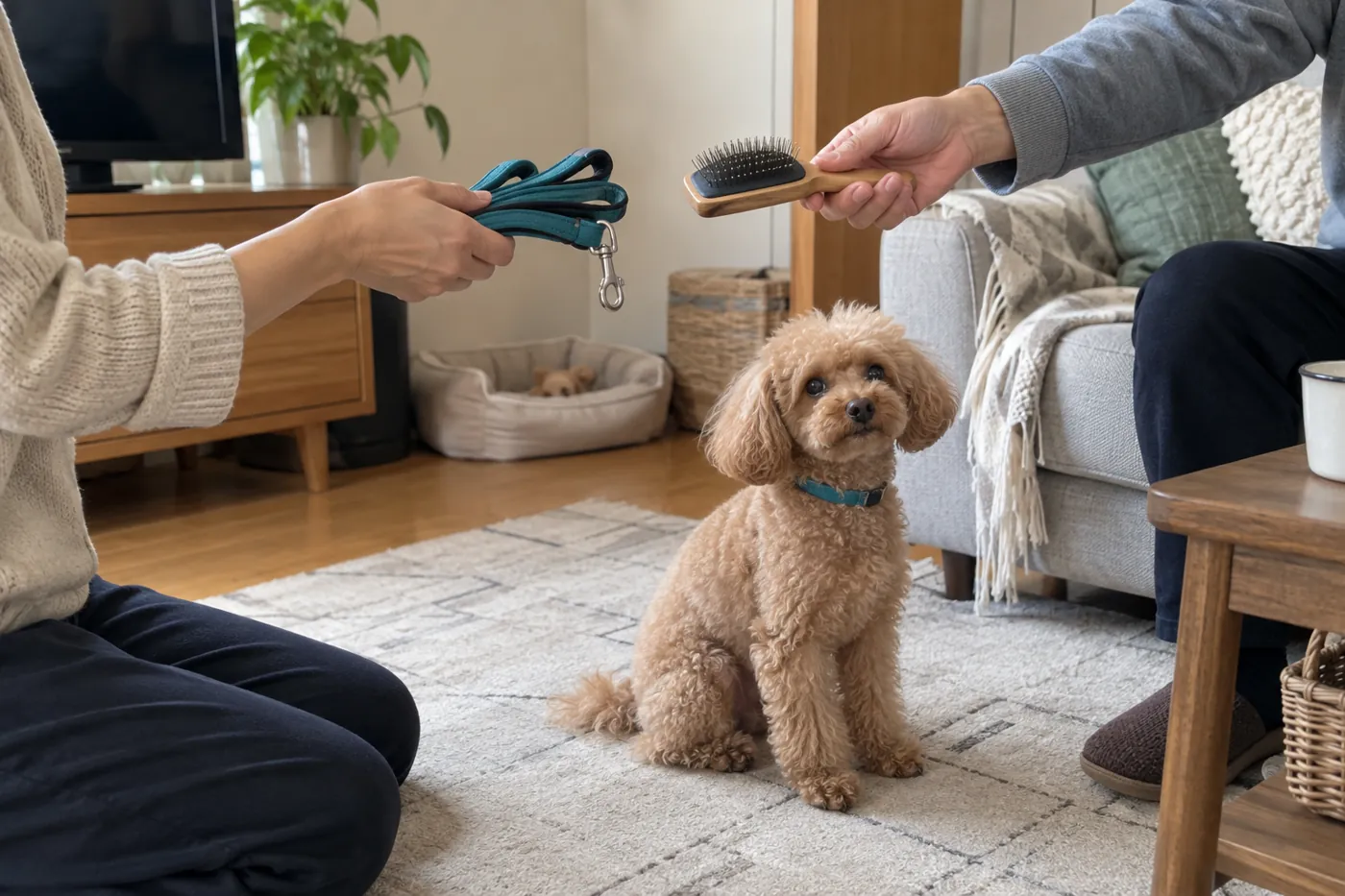 犬のそばでリードと世話用品を受け渡す家族の手元