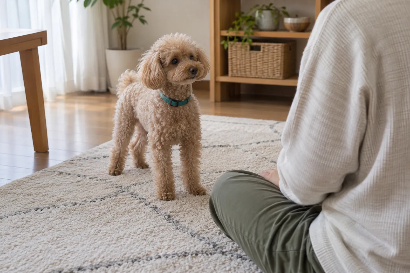 室内で落ち着いて過ごす犬と距離を保って見守る人の手元