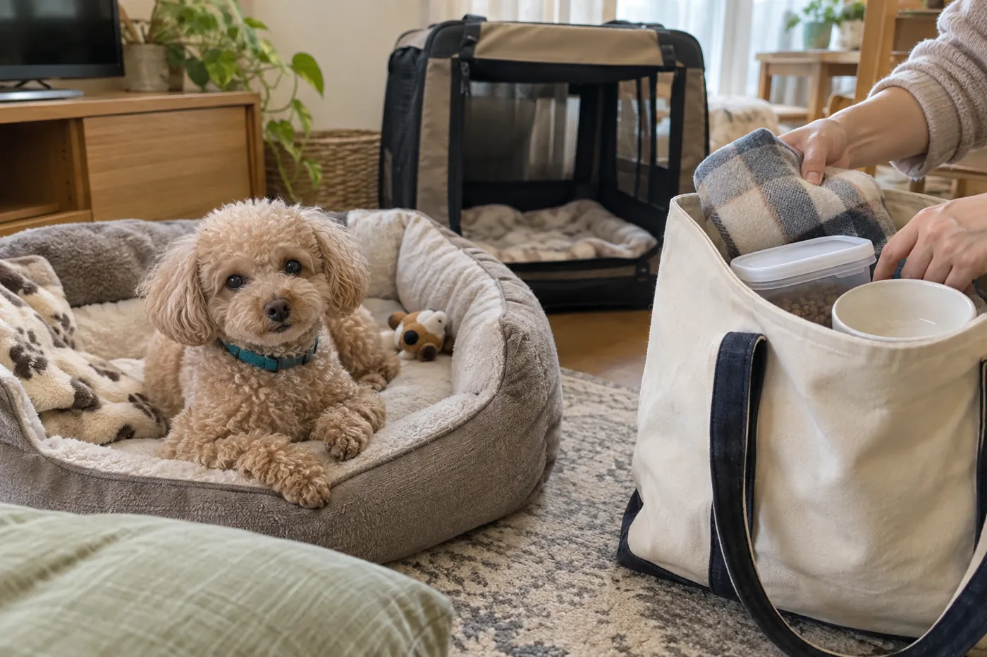 犬の寝床のそばで預けるための用品をバッグにまとめる手元