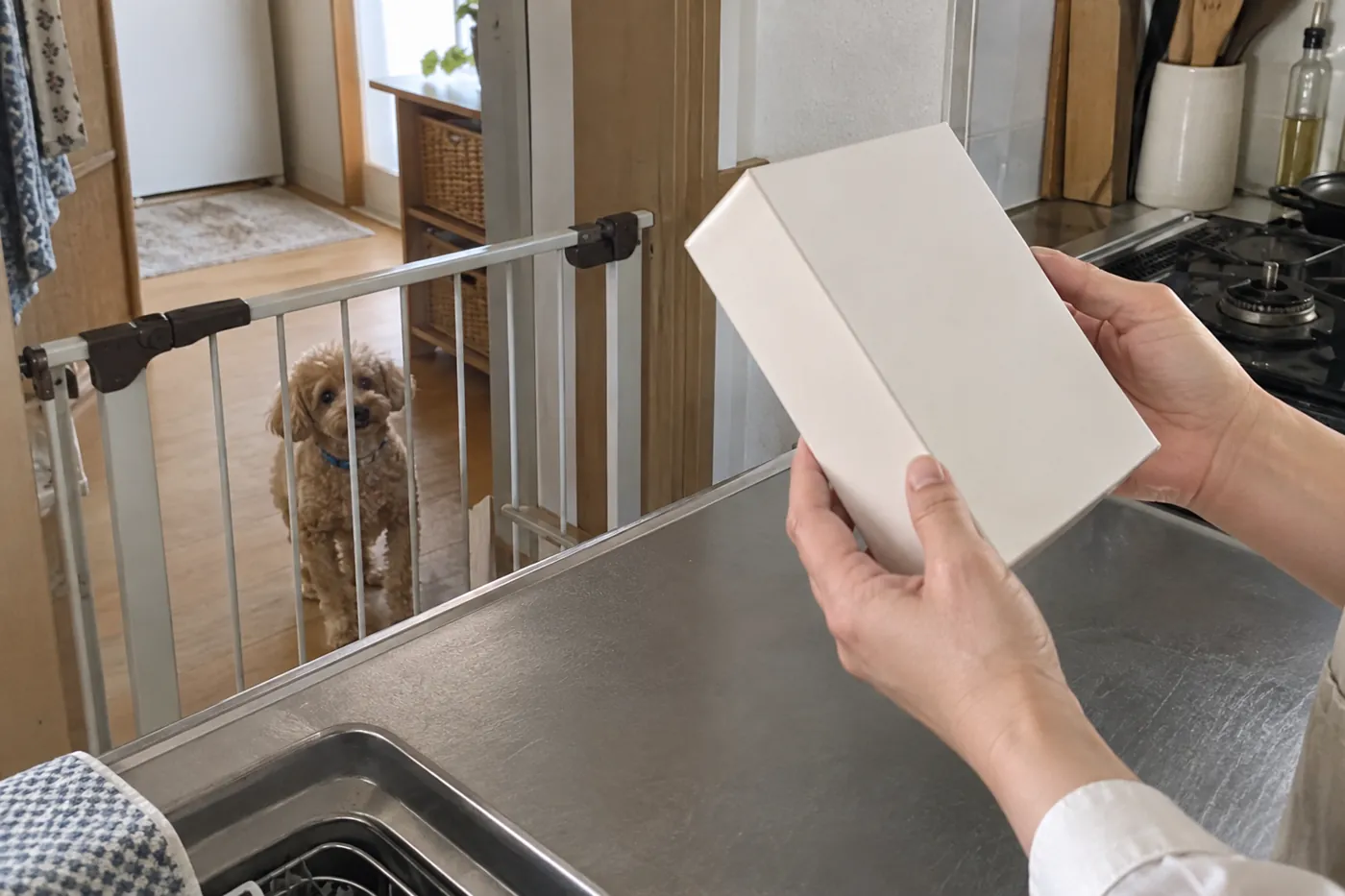 犬が離れた場所で待つ間に食品の包装を確かめる飼い主の手元