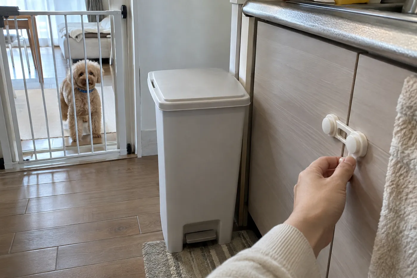 閉まった収納とふた付きごみ箱を確認する飼い主と、ゲートの向こうの犬