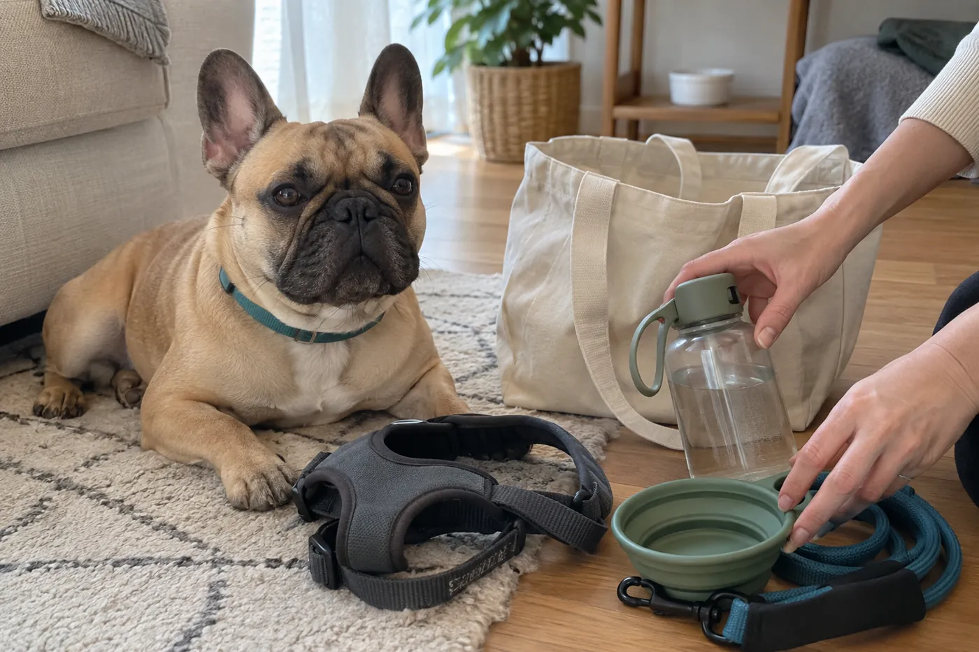 犬のそばに水のボトルと移動用品を用意する飼い主の手元