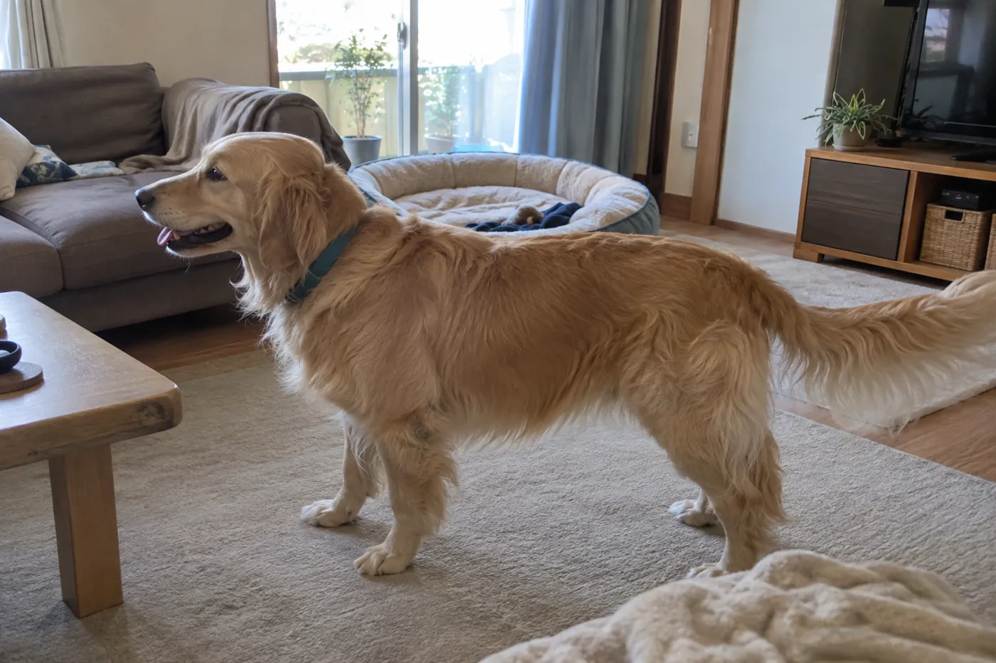 ラグの上に立つ成犬のゴールデンレトリバーと周囲の生活空間