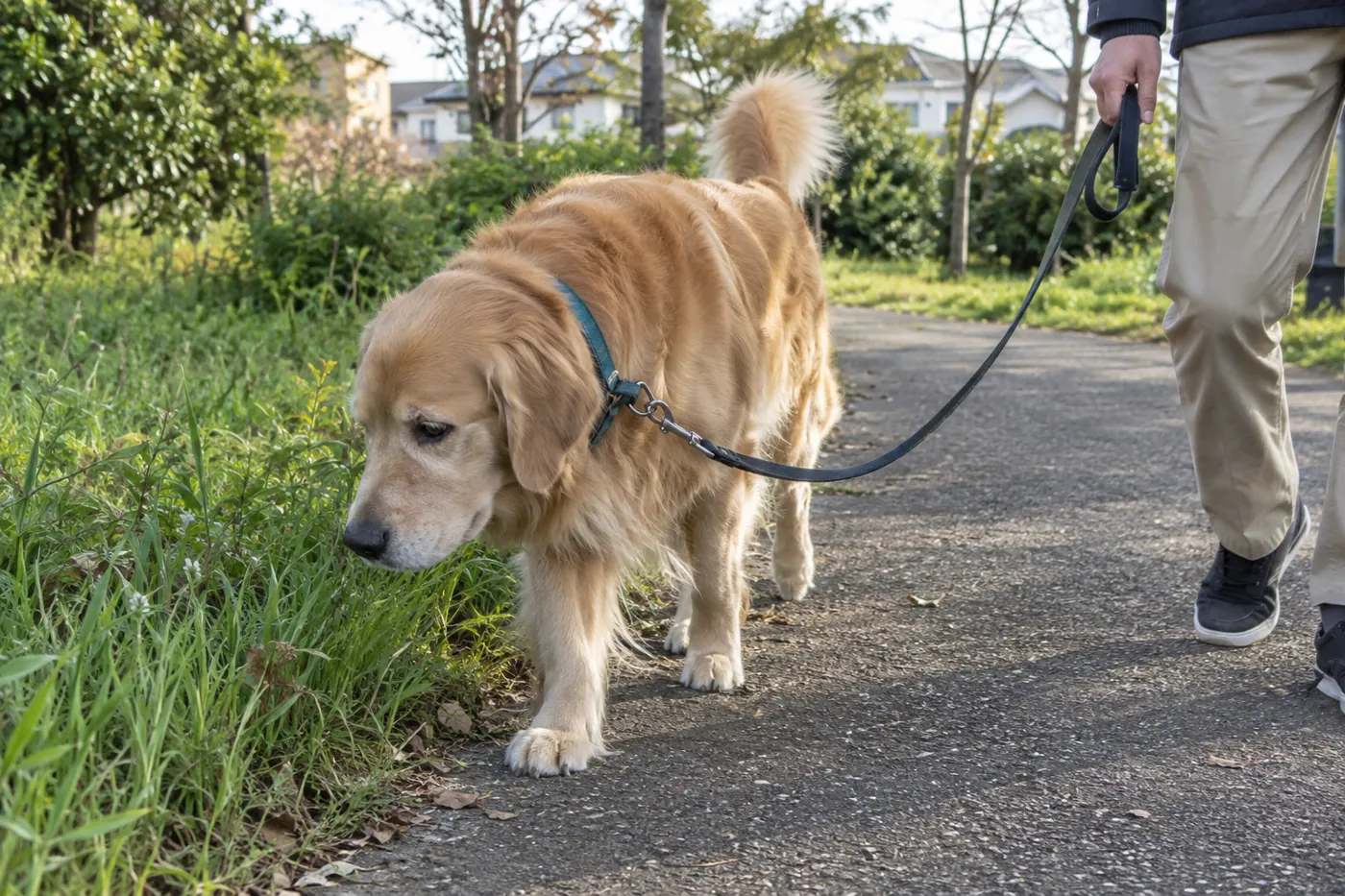緩んだリードで飼い主と近所の道を歩くゴールデンレトリバー