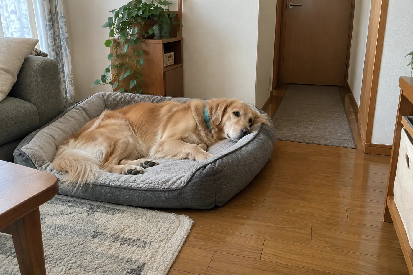 大型犬の寝床と通り道が確保された室内で休むゴールデンレトリバー