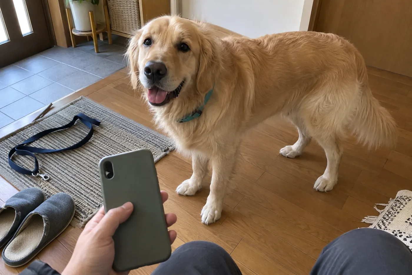 自宅で電話を持つ飼い主の手元と足元で待つ大型犬