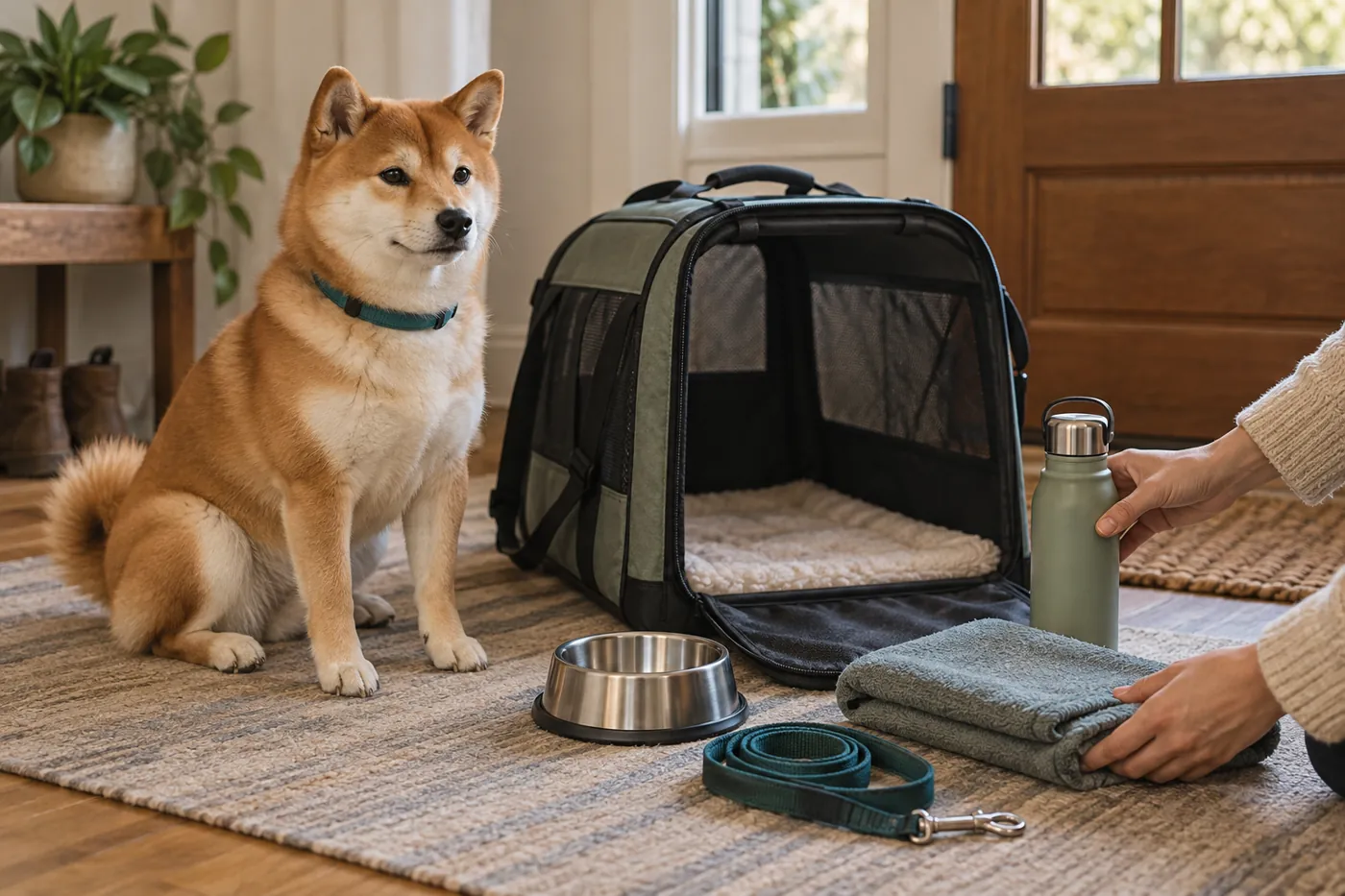 外出前にキャリーのそばで落ち着いて待つ柴犬