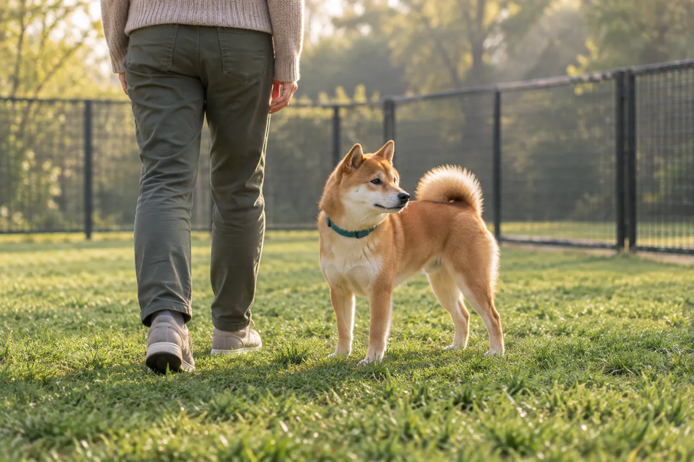 一般的な芝生のドッグランで飼い主のそばに立つ柴犬
