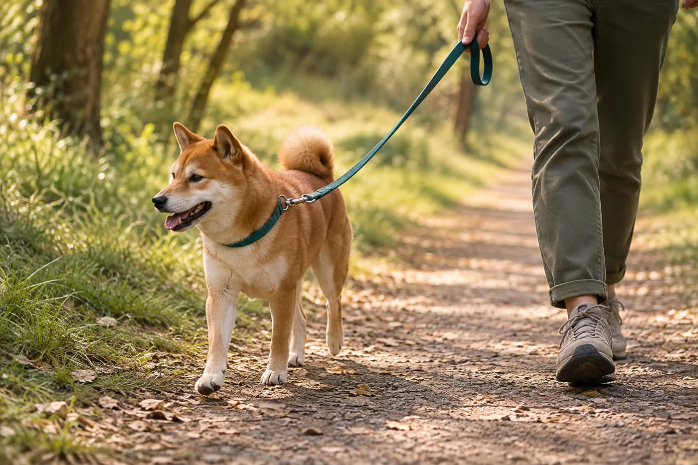 木立のある一般的な散歩道をリード付きで歩く柴犬