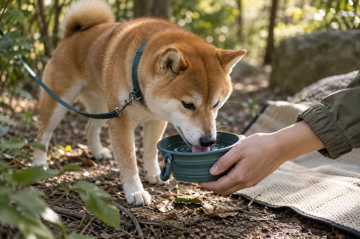 木陰で飼い主の手から差し出された器の水を飲む柴犬