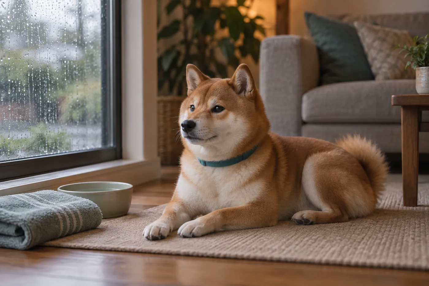 雨の見える窓のそばで、室内のマットに伏せて休む柴犬