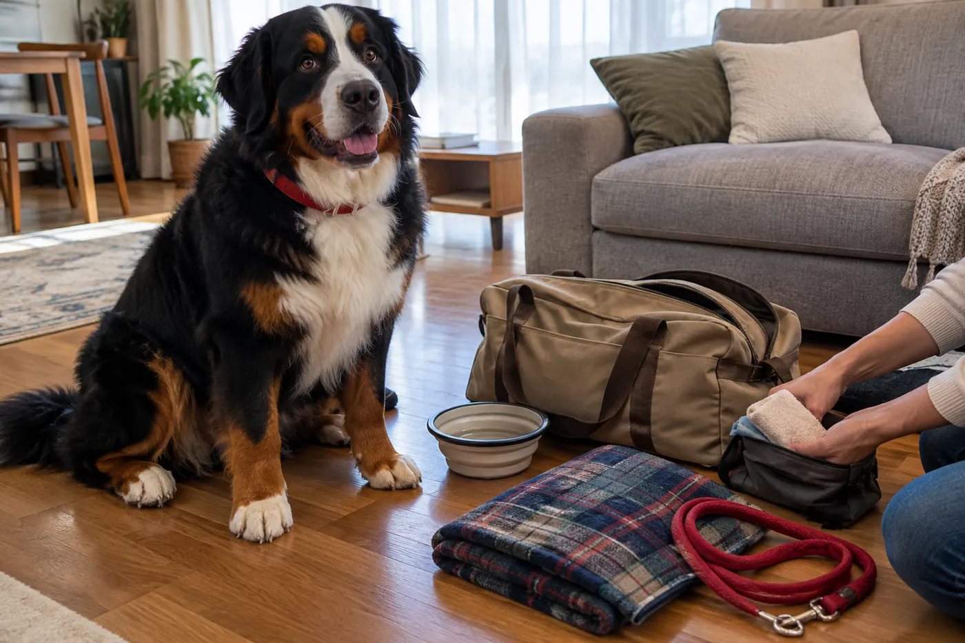 旅行用品を広げた部屋で飼い主のそばに座る犬のイメージ