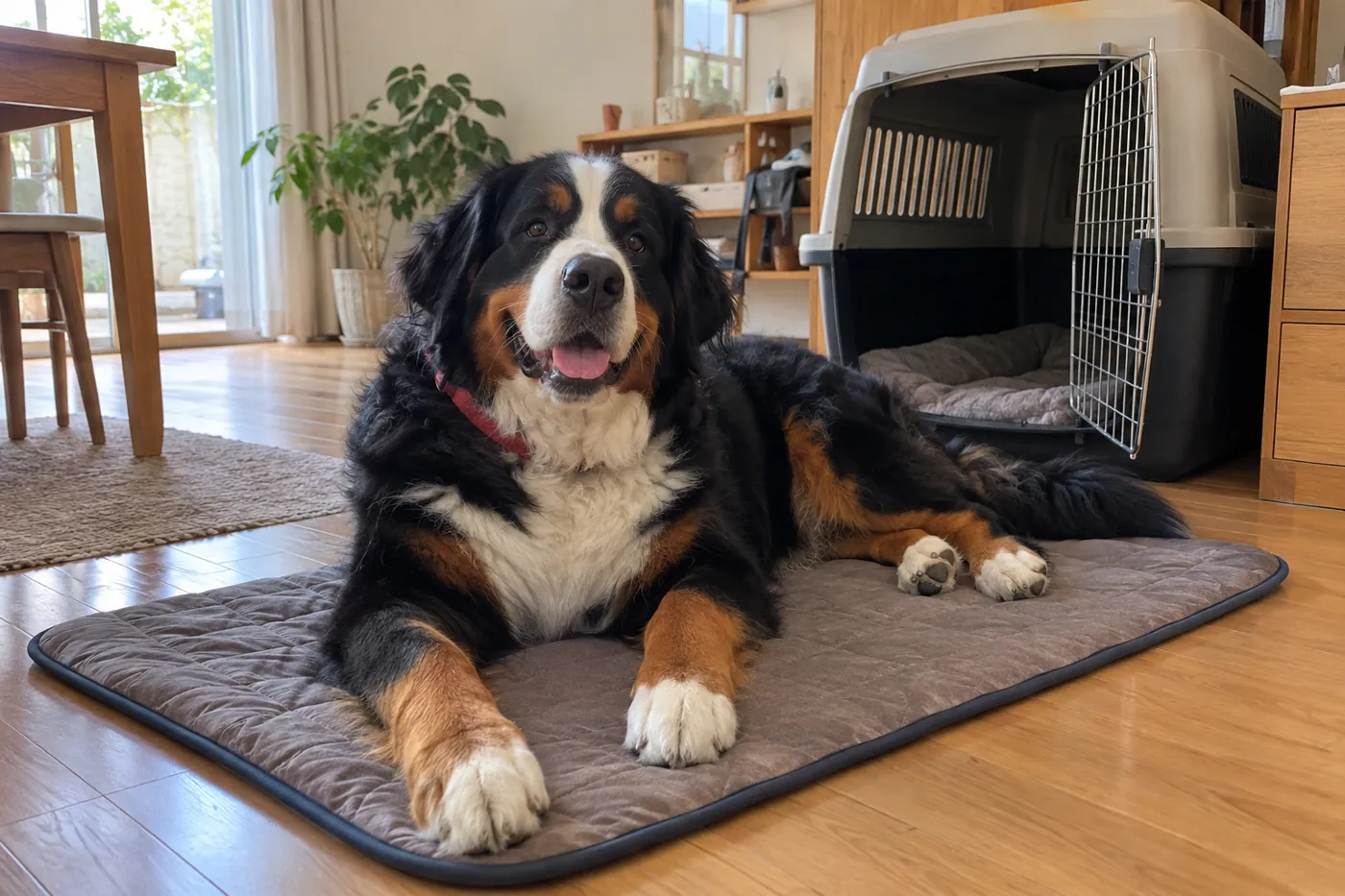 木の家具がある室内で自分のマットに休む犬のイメージ