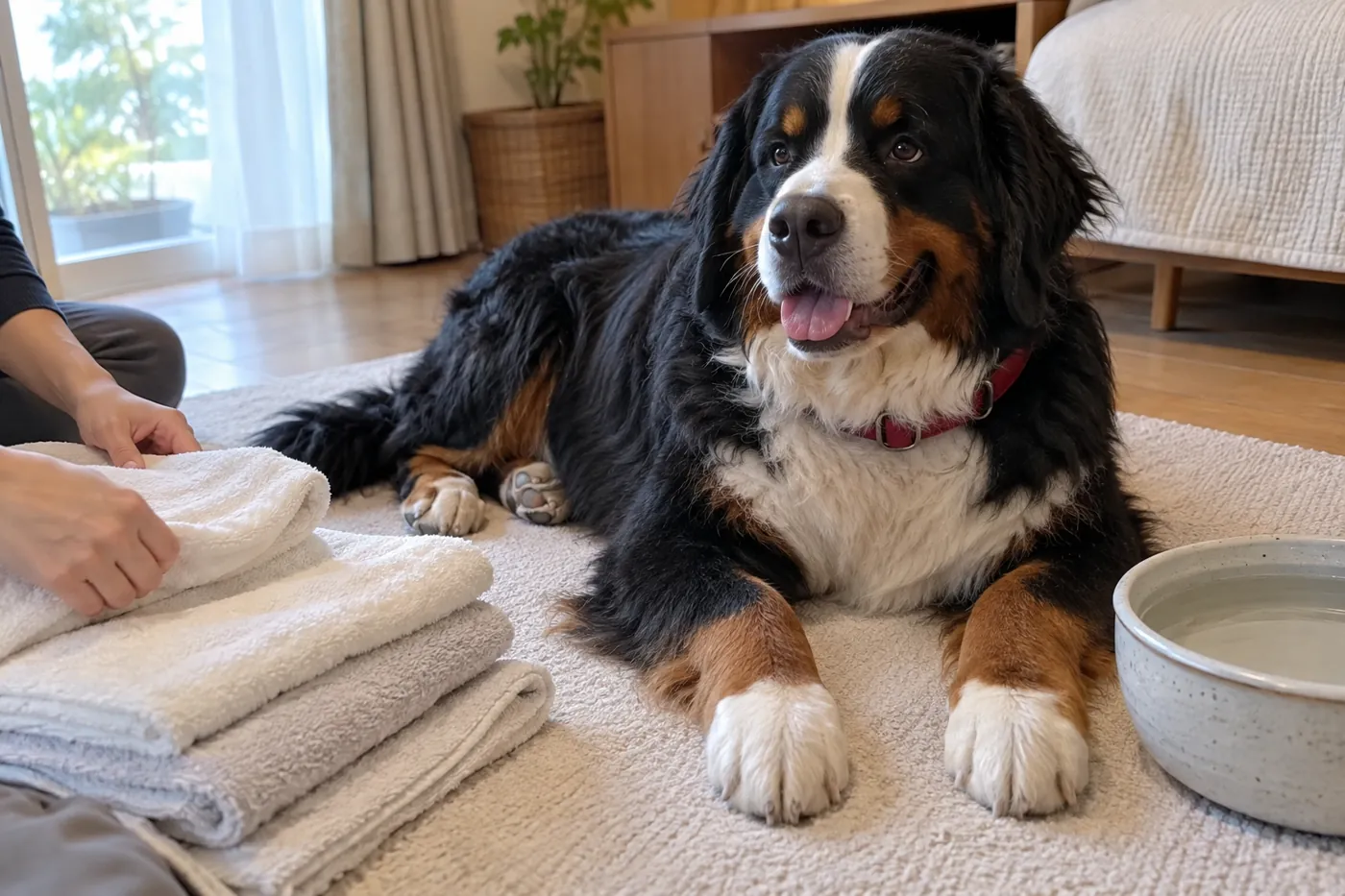 室内のマットで休む犬とそばに用意したタオルのイメージ