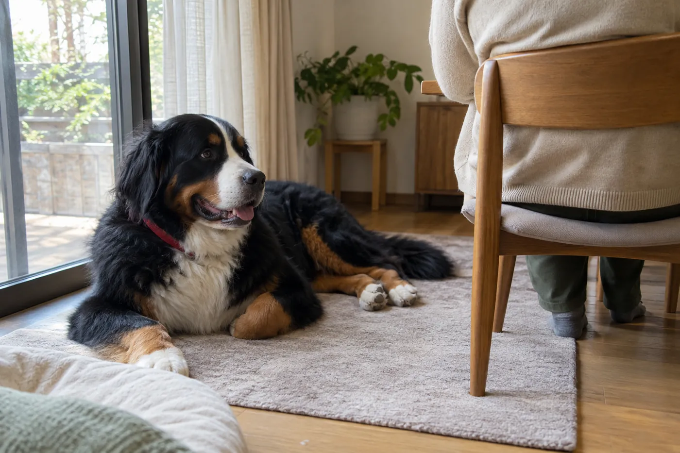 窓辺のラグでくつろぐ犬と椅子に座る飼い主の後ろ姿のイメージ