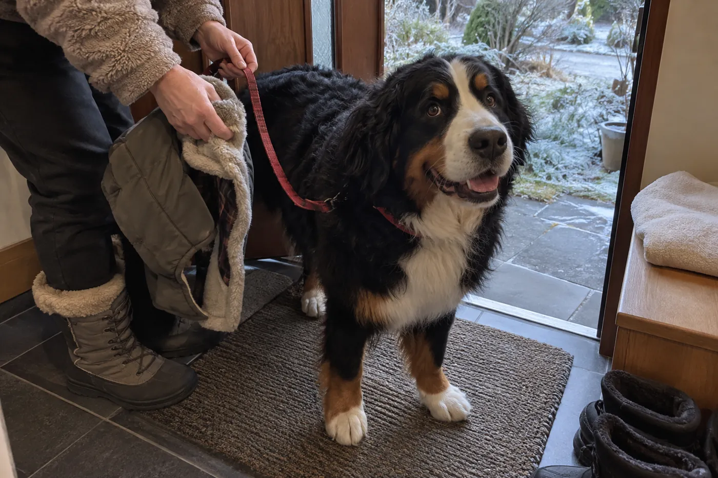 冬の外出前に玄関でリードと上着を準備する犬と飼い主の手元のイメージ