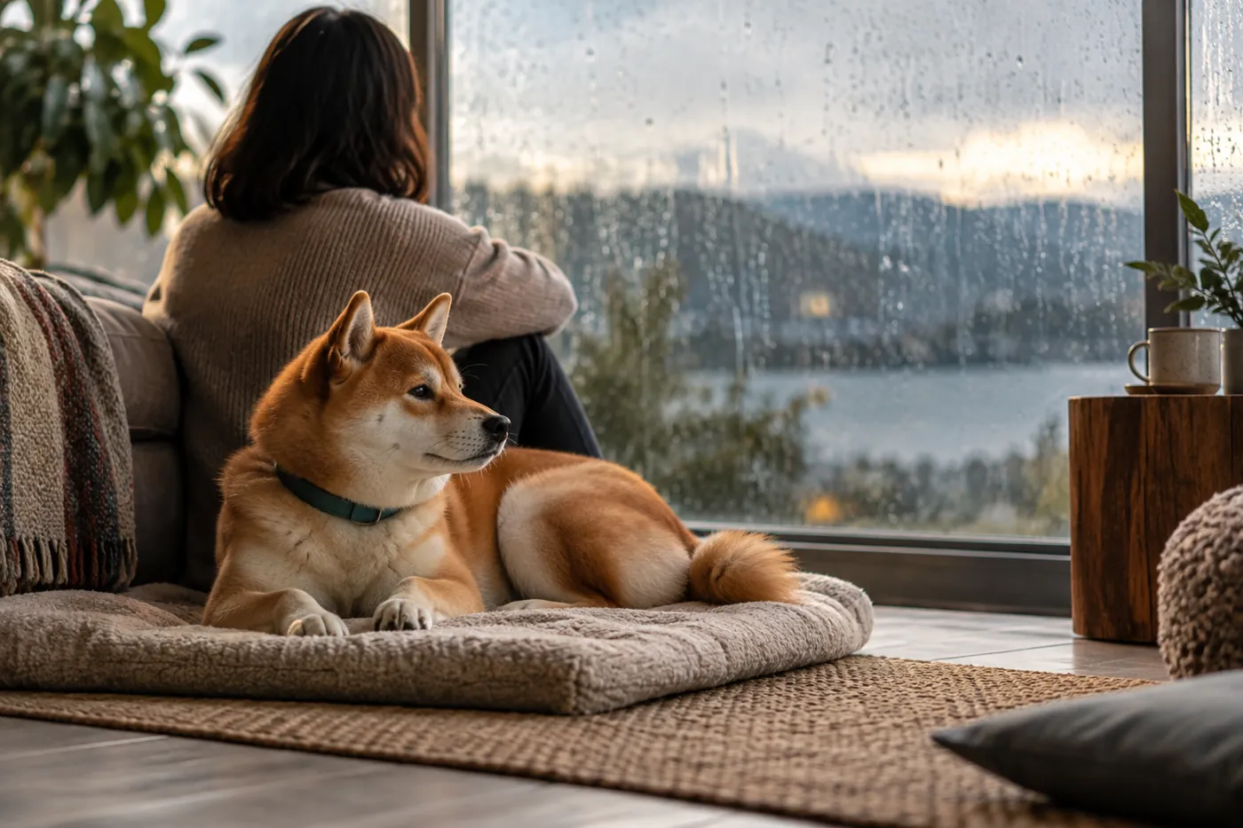 雨の窓辺にあるマットで飼い主と過ごす犬のイメージ