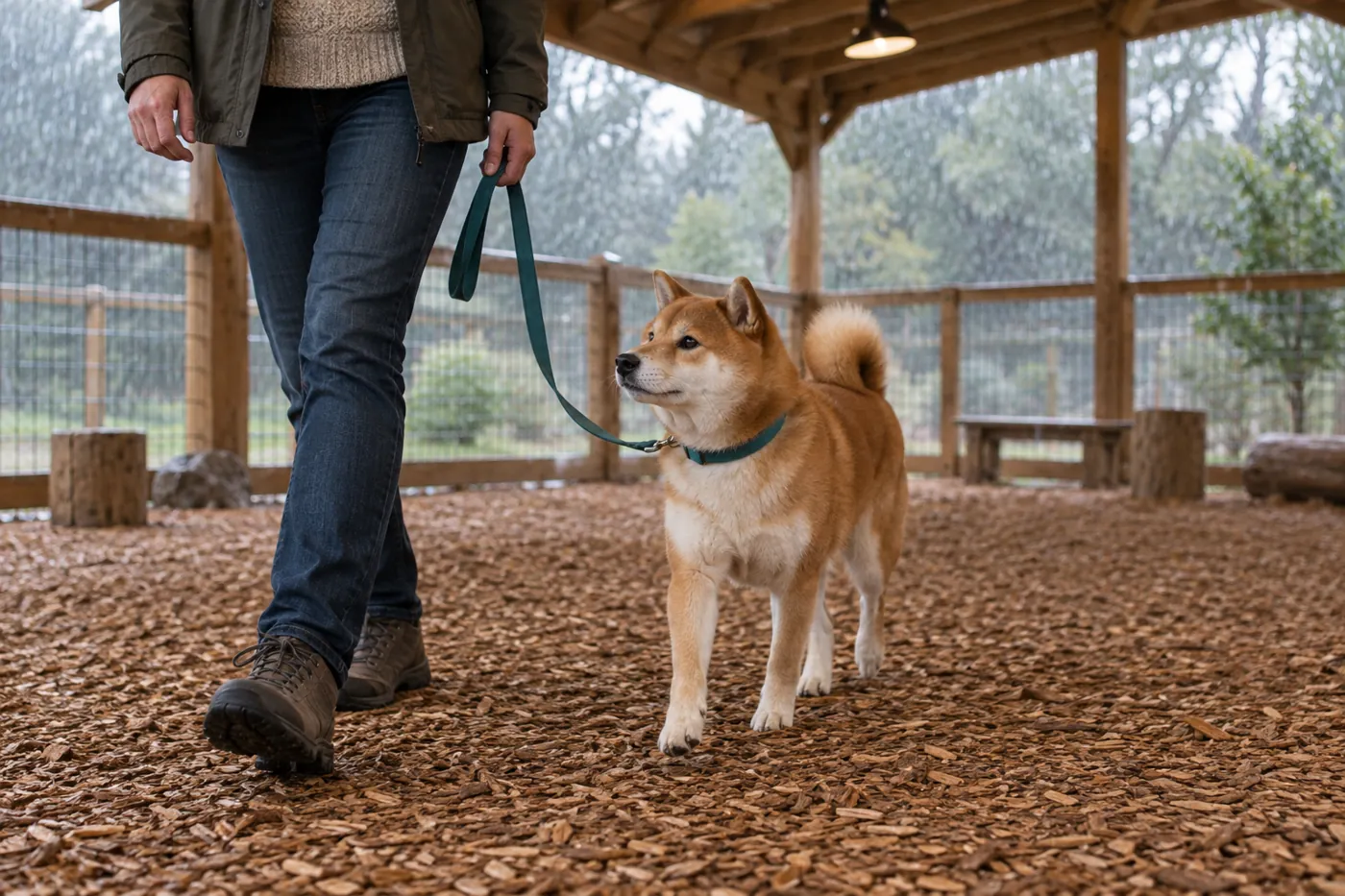 一般的な屋根付きの遊び場で飼い主のそばを歩く犬のイメージ