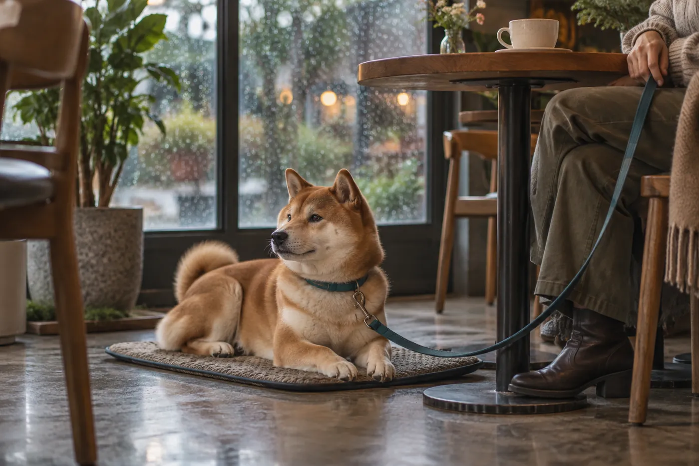 一般的なカフェのテーブル脇でマットに伏せる犬のイメージ