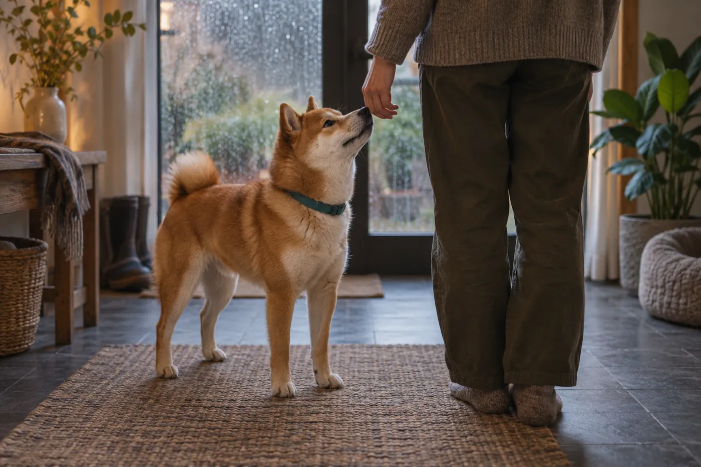 屋内で飼い主を見上げながら穏やかに過ごす犬のイメージ
