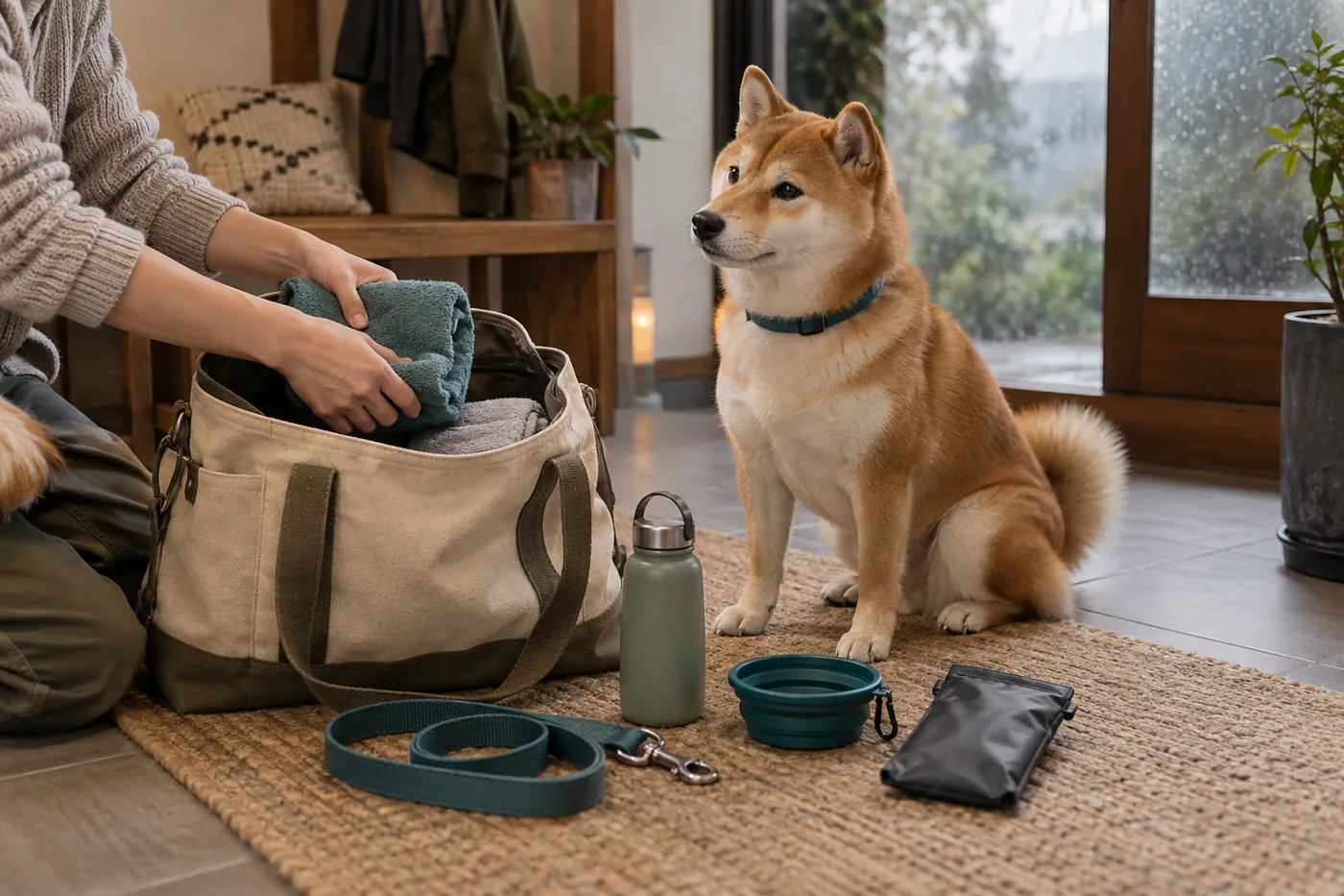 タオルやリードを入れた外出用バッグのそばで待つ犬のイメージ