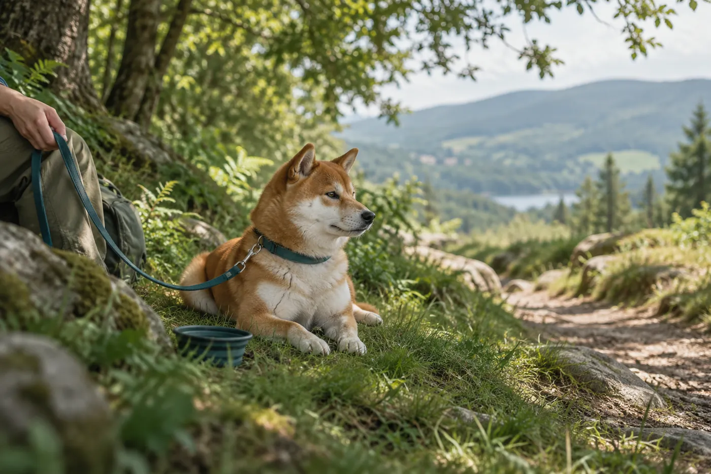 高原の木陰で飼い主と休む犬のイメージ