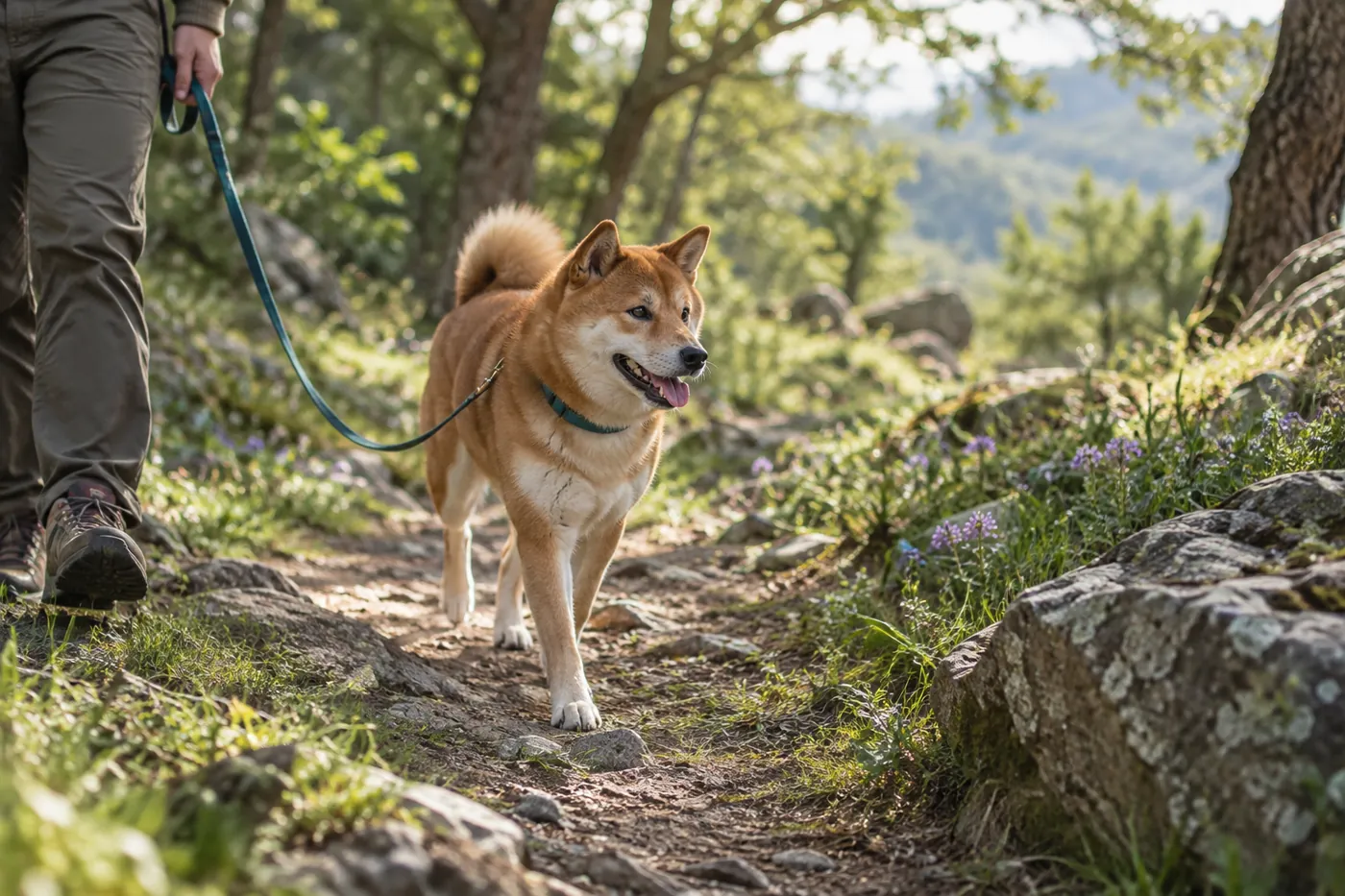 花の咲く高原の散策路をリードで歩く犬のイメージ