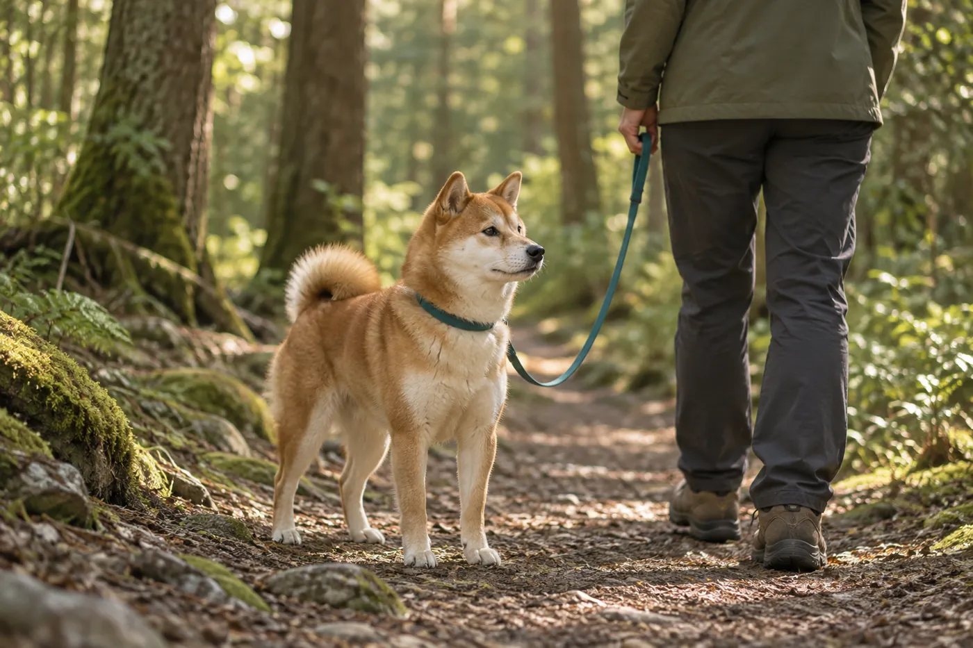 針葉樹林の小道で飼い主と立ち止まる犬のイメージ