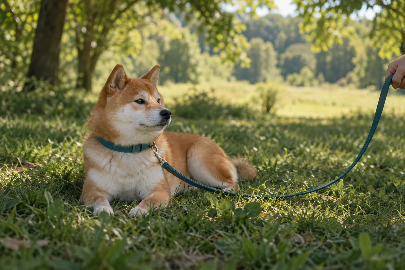 木々に囲まれた芝生でリードを付けて休む犬のイメージ
